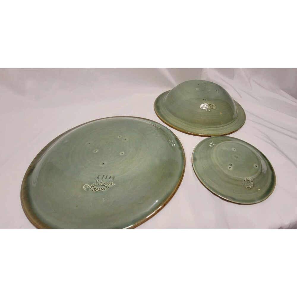 RARE MCM 3 Baldelli Italy Green Basketweave Serving Plates Bowl Mid Century Mod - Picture 3 of 7